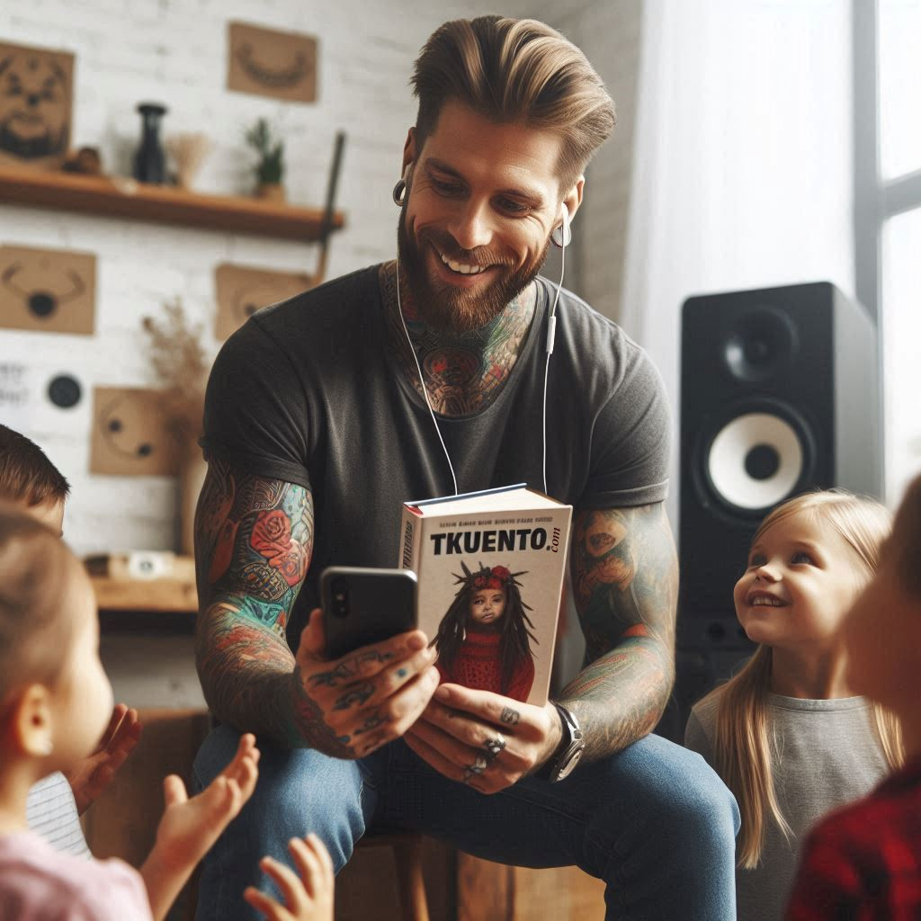 Hombre joven, lee un libro de tkuento.com a sus sobrinos.